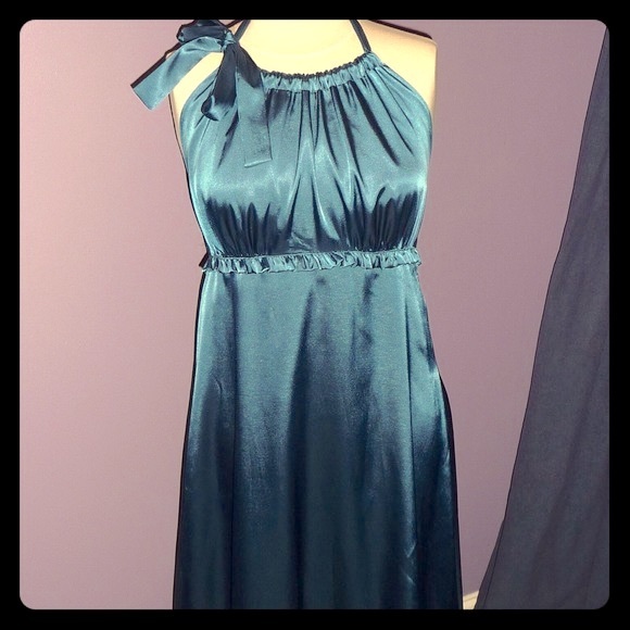 Blue Satin High Neck Halter Dress - Picture 2 of 2